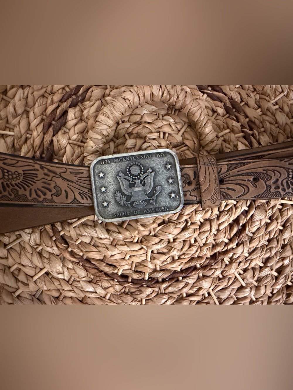 Brown Tooled Leather Men's Belt with Silver Buckle